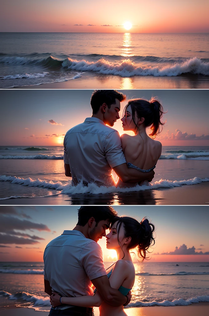 Create a single hyper realistic photo contain an outstanding scene of sunset on a beach and a couple lover, they splashing the water each other