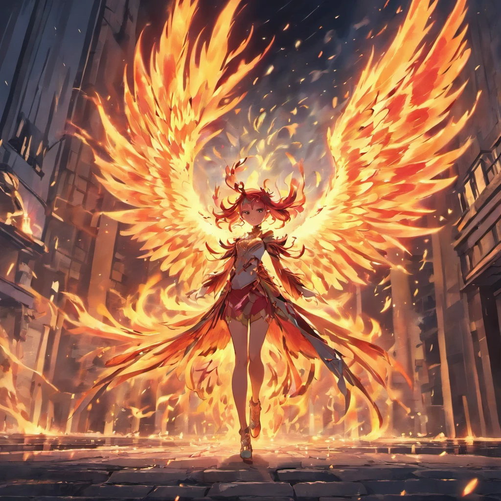 Chinese mythological style,Faraway view,The giant Firebird Phoenix stands in the middle of the burning building,massive wings,Glow effects,Hyper-realistic,Ultra photo realsisim,Chinese ink style,firey,,Smudge,Clouds,8K,super-fine,high qulity,The image of the firebird is intact and unobstructed(((OC renderer)))