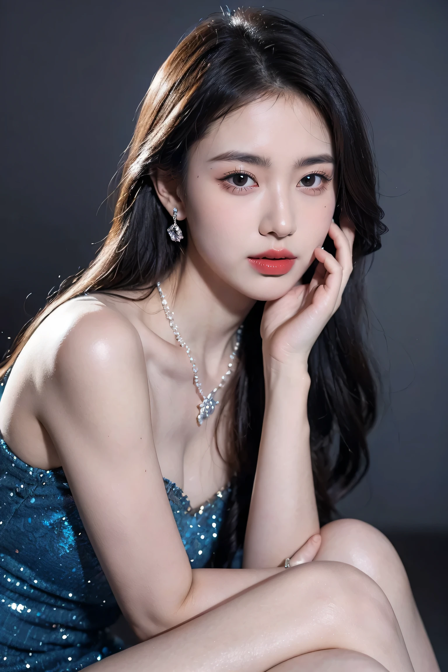 Top CG, Highest image quality, masterpiece, Gentle and beautiful girl, (185cm美女), (fit), Imperial sister, Queen temperament, White skin, ((Long legs)), perfect facial features, Bright Eyes, Seductive pose, Red lips, Beautiful and cold (A major breakthrough)), Beautiful and heroic, Soft and long hair, Glittering, Lace, net, Visible through clear skin, wear glasses, Diamond Earrings, ruby neckLace, (Blue dress), 8K Image Quality, (Realistic Portraits), Characters fill the screen, (Facial lighting), ((eternal)