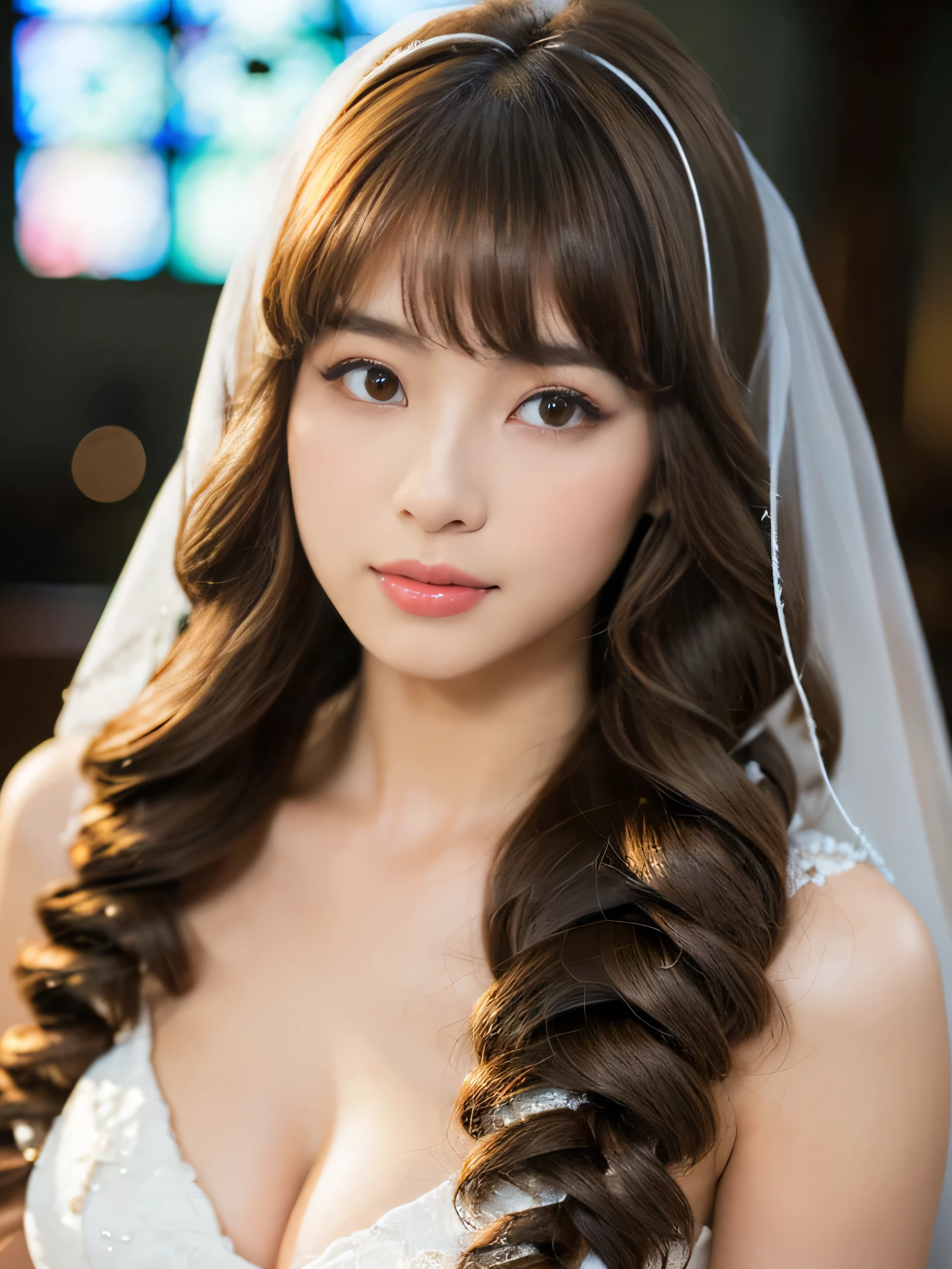 (She is wearing a pure white shiny voluminous wedding dress.) (Photo of upper body from waist up) (JapaneseSoloPhotoshoot'The most beautiful 24 year old woman)) ((Her hair is incredibly curly、very long Very high quality, Shiny, Very long hair、beautiful, high quality, Very long hair, like silk Attention to detail、Pure brown high quality extremely long hair And that is'rich High quality and highly detailed)) ((最high quality)), ((masterpiece)), (familiar) (Get used to it) Perfect Face (Her skin is a typical Japanese skin color.. Highly detailed skin texture) (Big Breasts:1.3) (She has a beautiful face and a typical Japanese figure.., Narrow eyes.) (Her bangs Well Organizedfull bangs) (Her hairstyle is twin drills:1.8) (She has perfect beautiful makeup and face Lipstick is light red A solid eyeliner) ((rich 1.4)) (Extremely detailed 8K) (Stable Diffusion Model) (Ultra-fine skin texture 1.4) (Actual, Vibrant:1.4), double eyelid Sharp focus:1.2、beautiful woman:1.4 Dynamic Lighting (Genuine RAW photos taken by professional photographers) (Her long bangs、Well Organized) (Turn your whole body to the viewer) Professionally lit from the front (her hair is light brown) (her hair is light brown) (her hair is light brown) (She has a sensual look) (In a church with professional lighting、You can see the stained glass.) (She does random sexy poses) (A wedding veil that reveals your face)