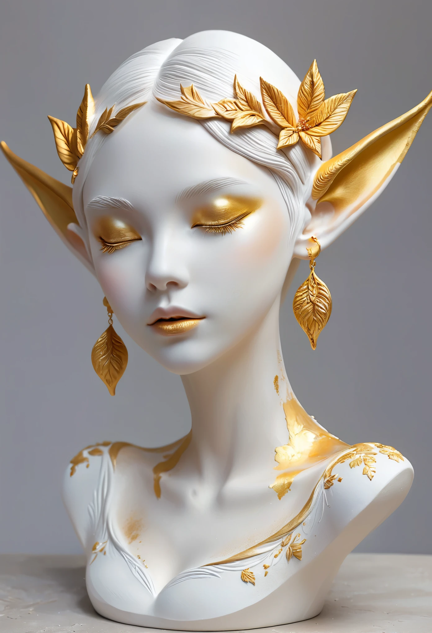 Beautifully decorated，Artistic ornaments，crafts，3D Sculpture，White clay statue，Rough surface，Graininess，grace，Elf ears，Artistic beauty，Tracing gold，Gold，Golden powder，Artistic Creativity：1.37