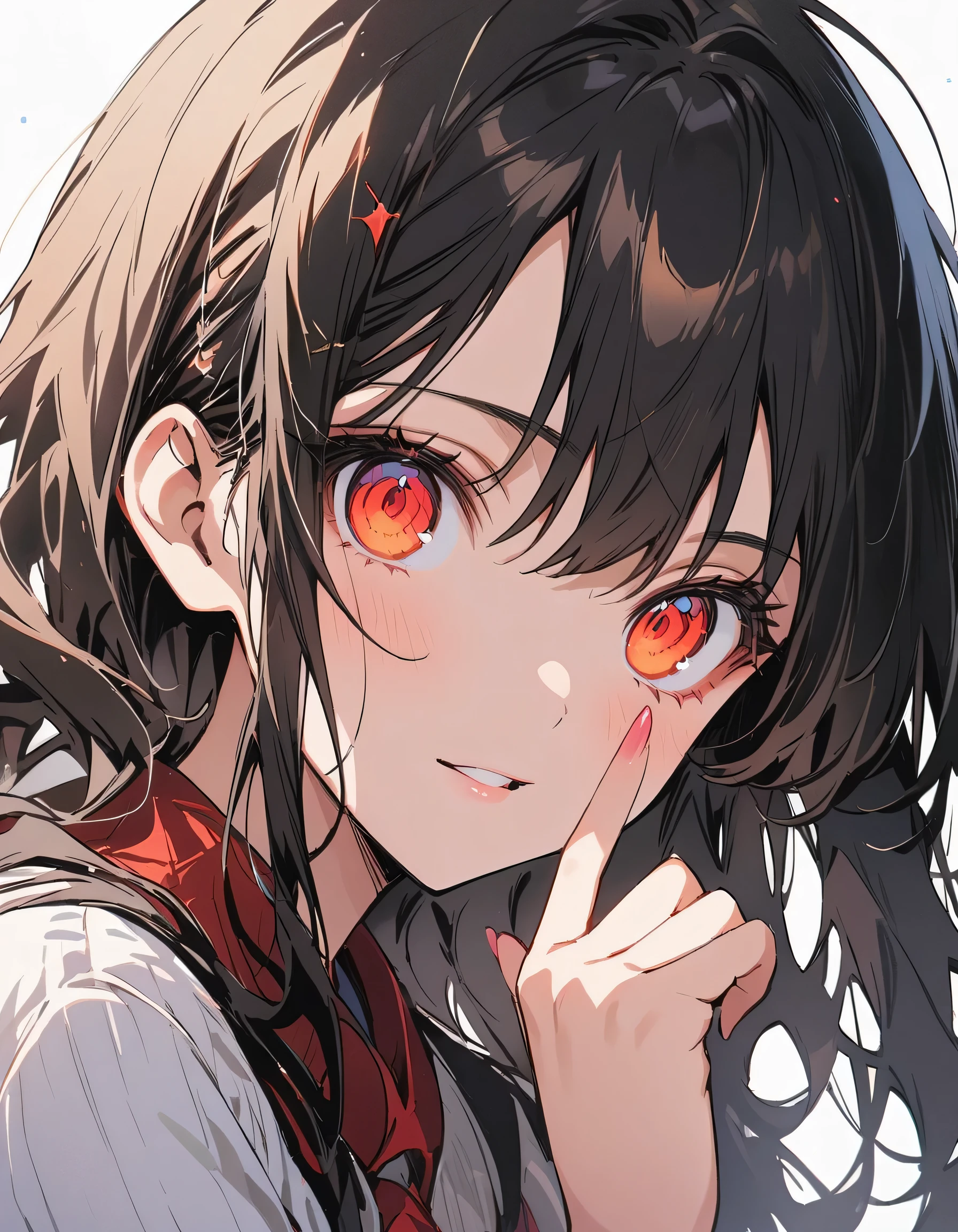 (highest quality、masterpiece、High resolution、detailed)、Anime Style、Flat Style、(Shining Eyes、Beautiful Face), BREAK,1 girl、extremely detailed、floating, (High saturation),(The Shining), Best lighting, Best Shadow、Peck finger, ((masterpiece)), highest quality, One girl, eye shadow, Upper Body, Portraiture,
