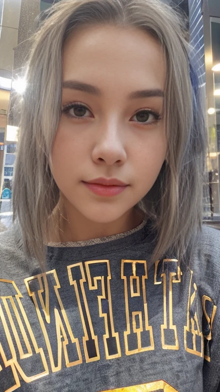 A 20-year-old female、Black and blue hair、ponytail、Hair Bun、A bright smile、iridescent eye fade:1.3)、dark theme、mute、Soft colors、High contrast、(Natural skin texture、Surrealism、Soft Light、sharp)、8k、masterpiece、 Top quality、超HD、最high resolution、Very detailed、background、modern city、Skyscraper、Main Street、Professional lighting、Movie Lighting、Extremely detailed CG、On the street、holographic signal、symbol、Unobscured、Sharp Noor'Body posture、Angle focus from the rear、turning posture、White skin、Beautiful woman、23 years old、(Delicate eyes、Almond eyes、Brown right pupil、Gradient eyes:1、Delicate and beautiful eyes:1、Symmetrical eyes:1、big highlight on eyes:1.2)、(Reddish brown hair、Bob Hairstyle、Non-target hair on both sides is messy.)、(Long skirt、Use a belt、Long Court、Off-shoulder sweater 、Beige、Hand-knitted scarf)、Beautiful and slender hip line、Beautiful spine、Back tightening、Tighten waist、Emphasize hip line、Cheeks a little red、Beautiful breasts、A cup breasts) 、(Round Face: 1.4)、(Slender fingers、Detailed weapons、Meticulous hands)、half laugh、Show your teeth、Beautiful hip line,off shoulder clothing,Emphasize cleavage, Sexy, Huge breasts,Emphasize the hips backward,Detailed hands, 5 fingers, The right person's hands, Delicate eyes,textured skin, Super Detail, High Detail, high quality, The award-winning, top quality, high resolution, 1080p, HD, 4K, 8k, 16K