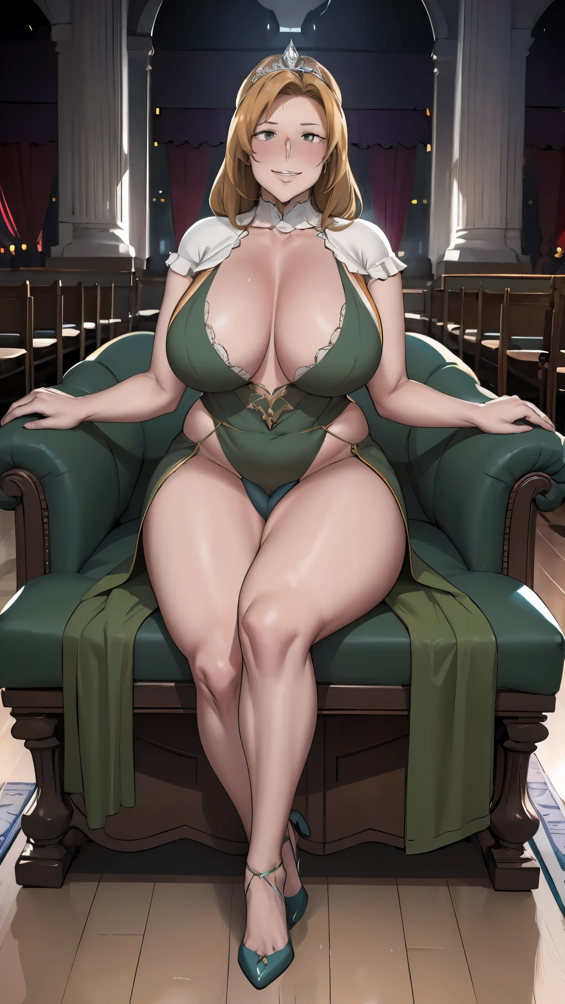 queenly green dress with extremely generous cutout, motherly-milf, soft mature expression, runnette-chestnut middle-long hair, queenly tiara, sexy sweaty glistening armpits:1.2, stilletto queenly high-heels, ((midnight)), (at isekai-fantasy castle hall at midnight), feisty woman, anime cels style, best quality, high resolution, 1girl, inspired by ntrman's work: queen who adopted a goblin, sweating, (bountiful generous breasts), swaying breasts:1.1, fleshy build, big thick arms, beautiful face, middle-long luscious brunnette-beige hair:1.1, half-lidded eyes, light-colored pupils, thin smile, [motherly face], Beautiful long legs, Beautiful body, extremely fertile motherly's body-shape, Beautiful Nose, Beautiful character design, bangs, purple eyes, ((bushy pubic hair:1.25)), sitting on the queen's throne - legs apart:1.35, (my hand swaying hair enticingly:1.1), (looking at viewer), cowboy shot, front-view full body photo:1.1, -auto