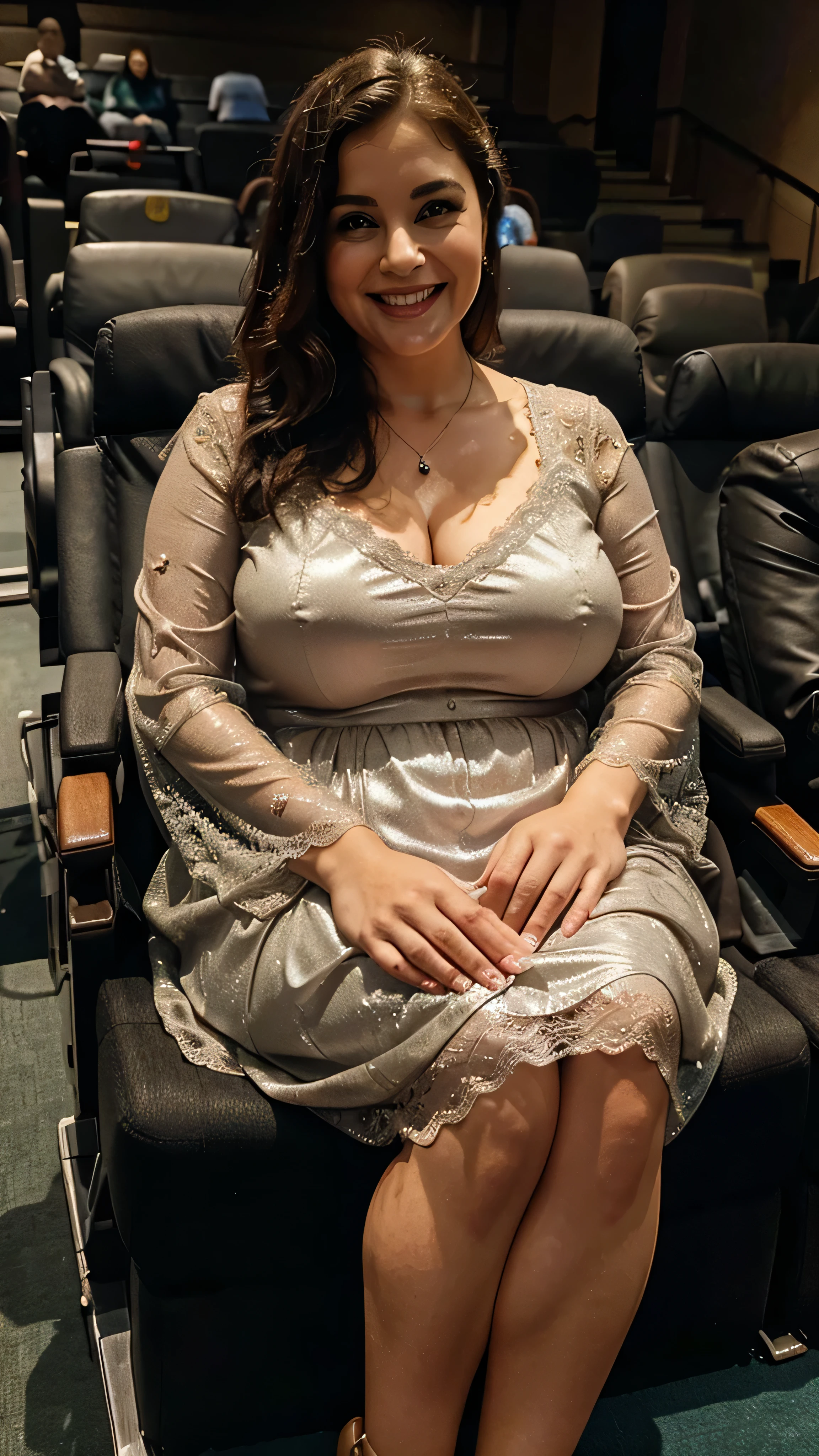 A beautiful and hot almost chubby mature woman.who is wearing a shiny dress with lace-like sleeves and sitting in the cinema hall. A smiling face