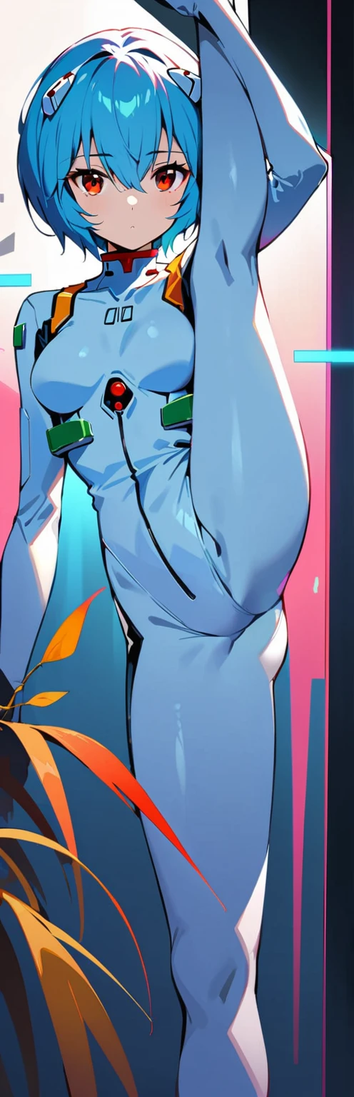 (highest quality:1.2),One girl,alone,Are standing_Split,Ayanami Rei,White bodysuit,Red eyes,Pilot Suit,short hair,Blue Hair,bangs,Interface Headset,turtleneck,Hair between the eyes,Pixelated Background,Neon Light,Sci-Fi Color Scheme,Vibrant colors,Metallic texture,detailed shading,Holographic interface,Dark atmosphere,High Contrast,Sharp focus,Twigs of hair,Reflective surface,Exquisite detail,High resolution,Studio Lighting,Red accents,Illuminated surroundings,Artificial Intelligence Assistant