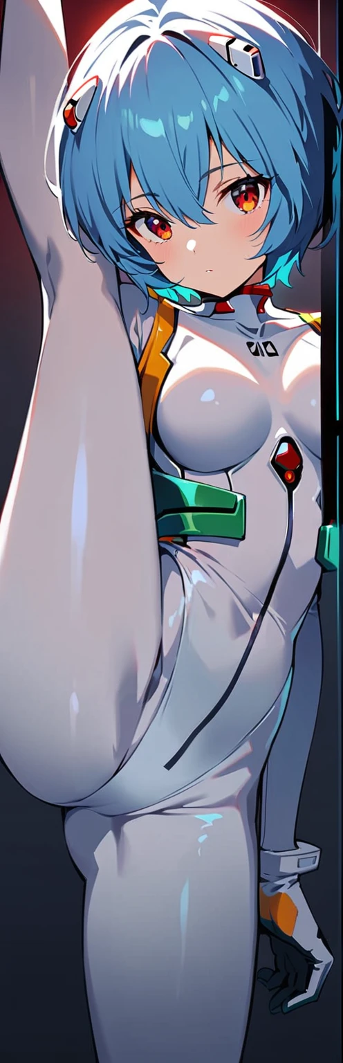 (highest quality:1.2),One girl,alone,Are standing_Split,Ayanami Rei,White bodysuit,Red eyes,Pilot Suit,short hair,Blue Hair,bangs,Interface Headset,turtleneck,Hair between the eyes,Pixelated Background,Neon Light,Sci-Fi Color Scheme,Vibrant colors,Metallic texture,detailed shading,Holographic interface,Dark atmosphere,High Contrast,Sharp focus,Twigs of hair,Reflective surface,Exquisite detail,High resolution,Studio Lighting,Red accents,Illuminated surroundings,Artificial Intelligence Assistant