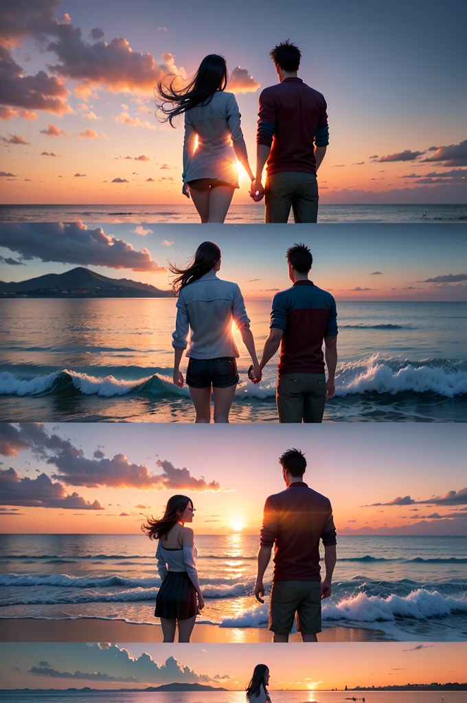 Create a single hyper realistic photo contain an outstanding scene of sunset on a beach with a couple lover in the beach, they splashing the water each other.