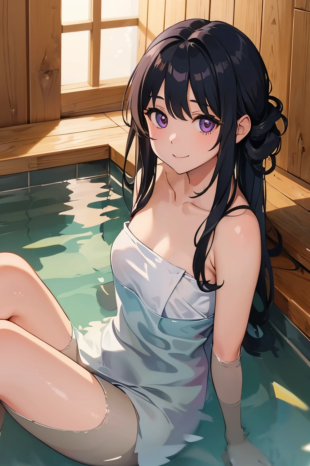 hot spring　8-year-old　Elementary school girl　Flat Chest　Black Hair　Long Hair　Purple Eyes　1 person　smile　Upper body naked　Lower body naked　bath towel　Taking a bath　Dynamic Angle　Low - Angle