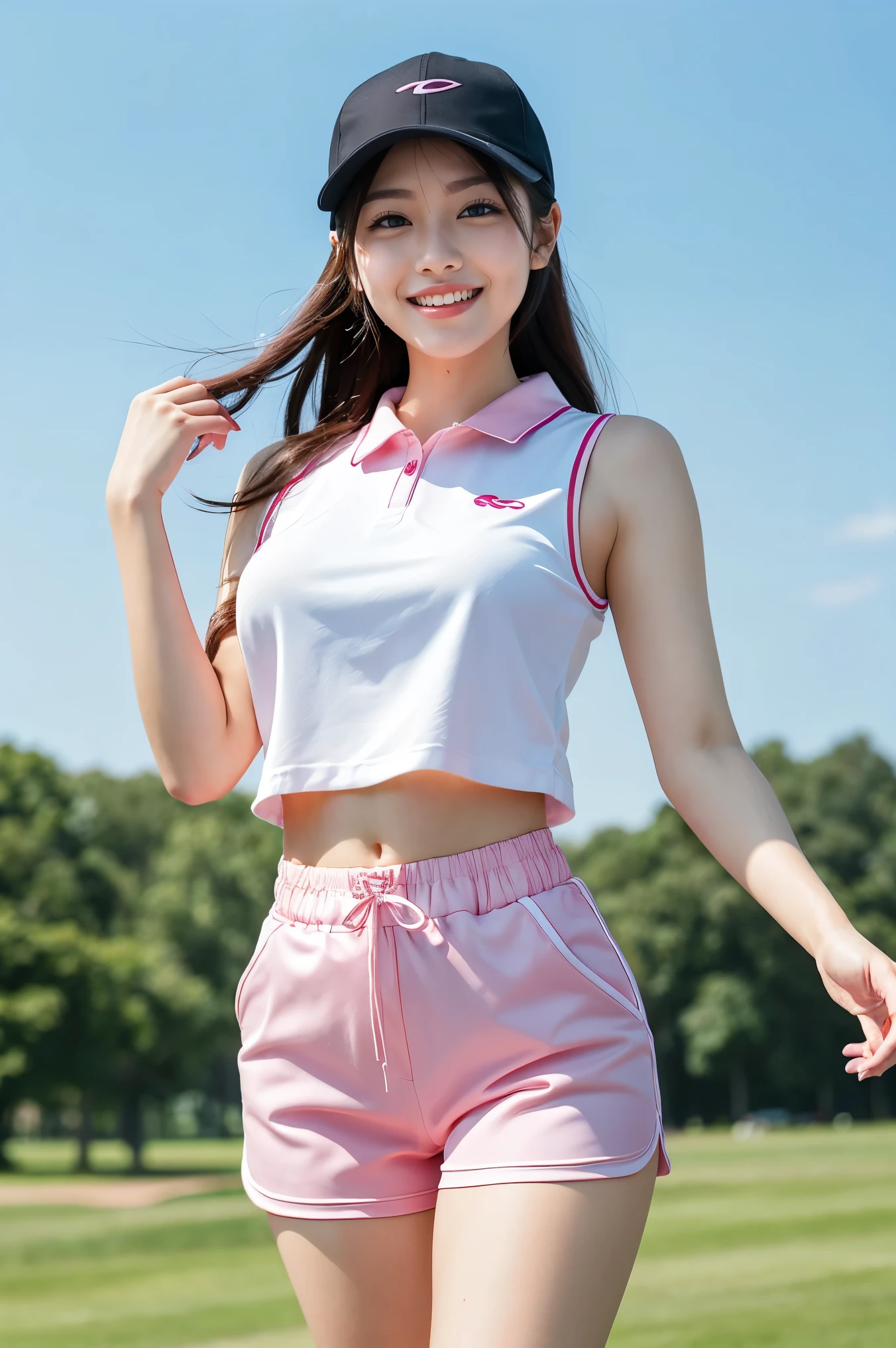 Thais Teenager, Girl, 16 Years Old, ponytail hair style, applying with pink lipstick, little smile, white shirt, pink skirt, tennis style