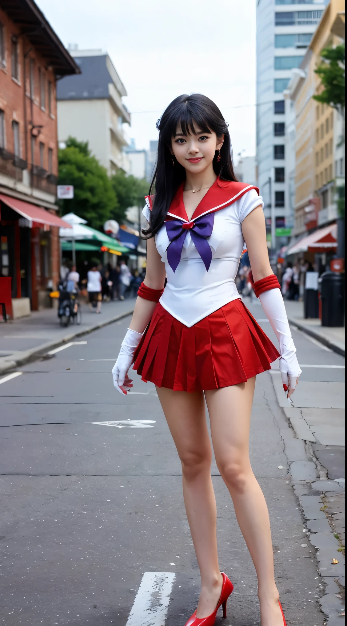 1 girl,long hair, (high quality,8K,black hair, realistic, high quality,masterpiece,Super detailed, disorganized)1.5,((Summer 1, tiara, Sailor Senshi Uniform, white gloves, Red sailor collar, red skirt)),City of night,white gloves,purple ribbon,purple eye, (magical world,fire),high heels, (full body photo, standing:1.5), huge breasts, Standing,Long legs,Smile
