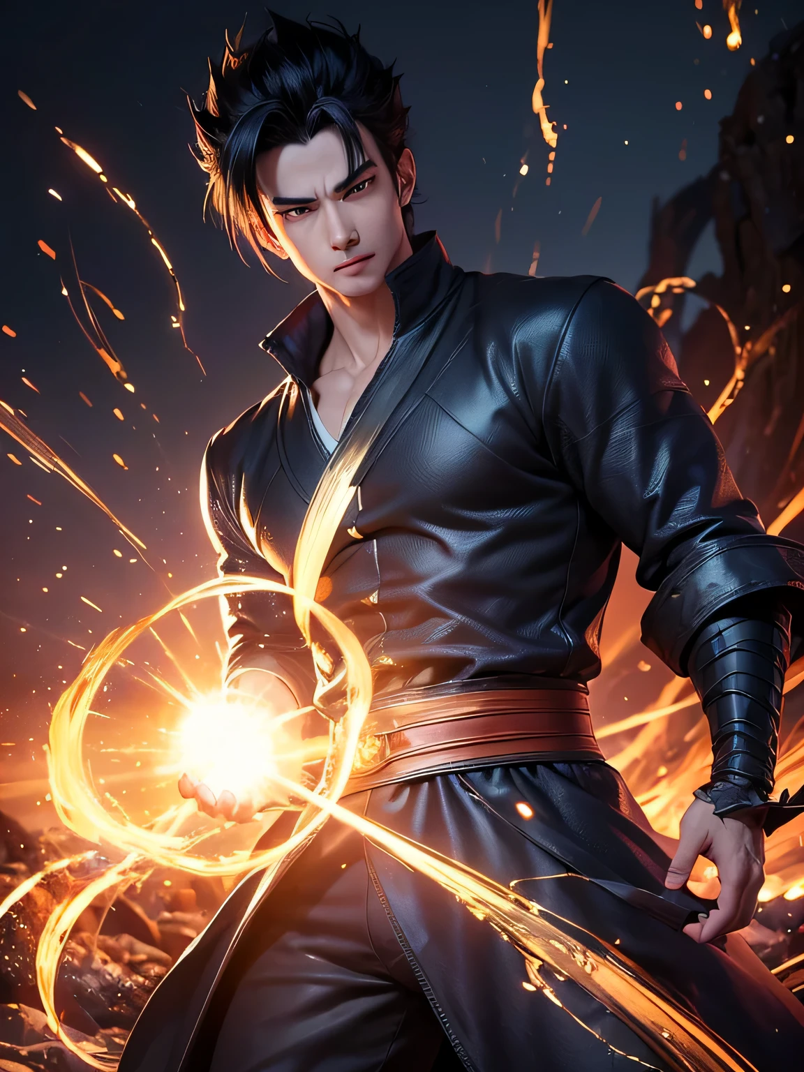 An 8k masterpiece, highest resolution, every detail, meticulous detail, depth of field, bright colors, beautiful composition: anime character Gohan impresses with his black hair and glowing eyes Beautifully detailed lighting, standing against a dark and ominous background. This handsome demon slayer is the epitome of bad guys in the fantasy art. wearing a shirt.
