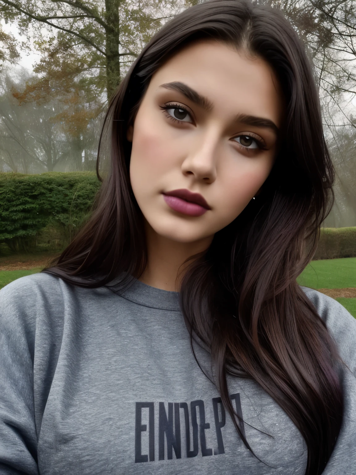 1 Girl, 18 years old, Solo, Model, Long hair, Huge, looking at viewer, full face, brunette, brown eyes, burgundy purple lipstick, matte, big lips, full body, detailed skin, goosebumps, skin pores, black jacket, realistic, A sexy, sweatshirt, in the yard, under cover, gloomy, raining heavily, rain drops, selfi, holder for 160 colors, shot on ARRI ALEXA 65