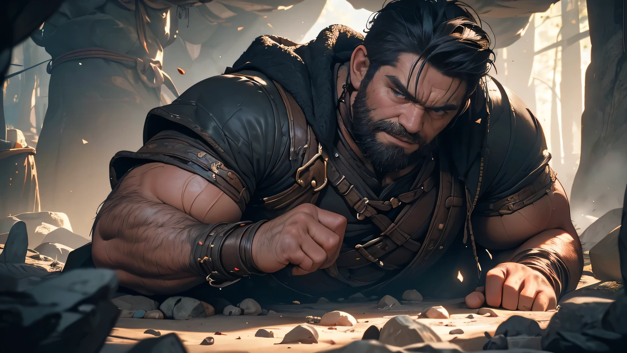 (a) dwarf character,short black hair,sturdy body,collapsed unconscious in a prone position,underground cave,dust,rocks,(best quality,4k,8k,highres,masterpiece:1.2),ultra-detailed,(realistic,photorealistic,photo-realistic:1.37),dark and moody lighting
