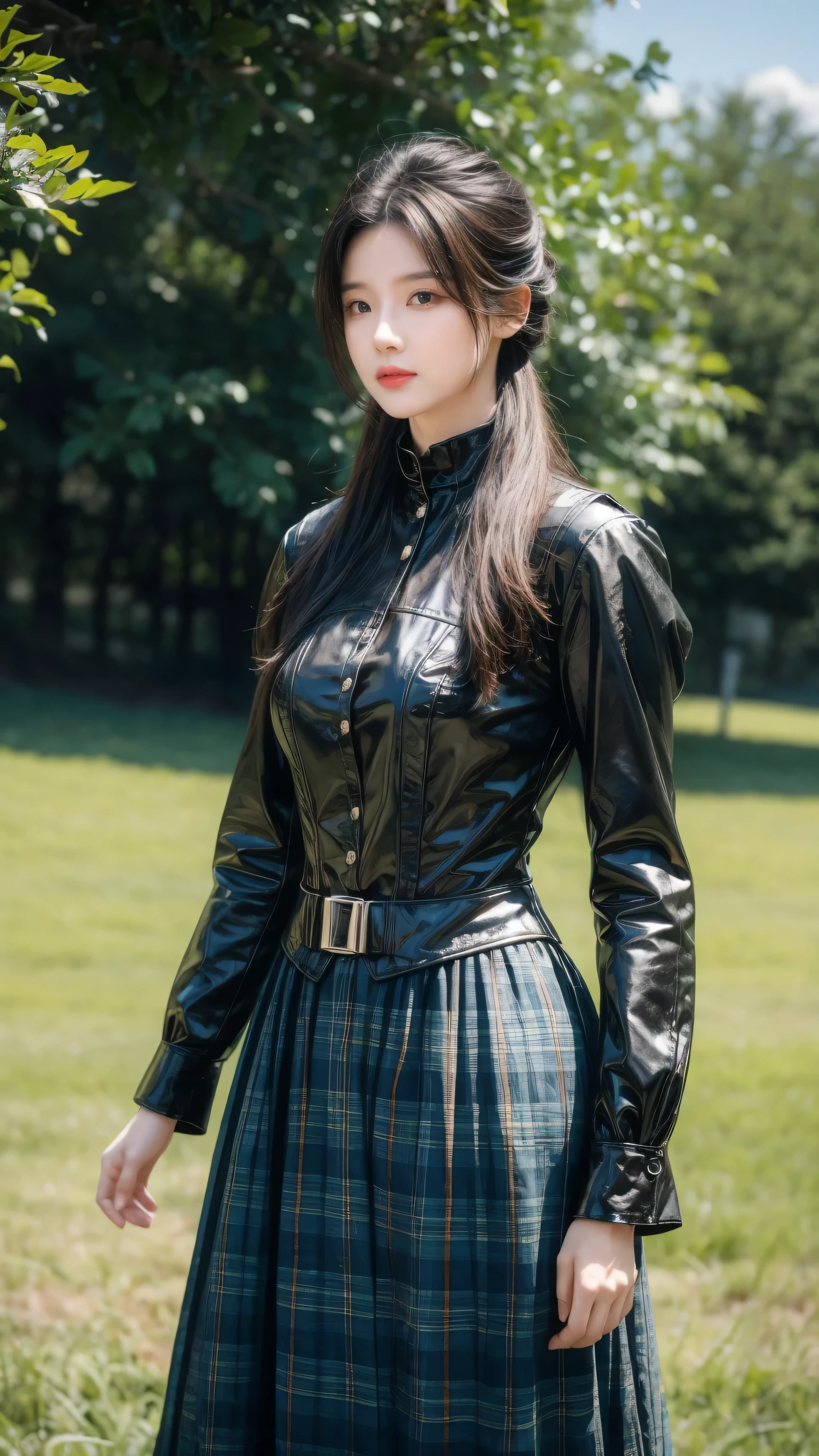 A woman stands next to a robot in a field, italian fashion, tartan clothing, Animation, Scott Robertson, Two models in the framework, victorian era photos, Two Women, warrior