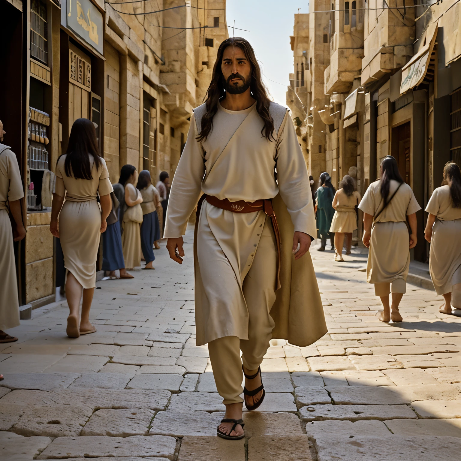 In the ancient city of Jerusalem, Jesus walks with gentle grace amidst bustling streets.