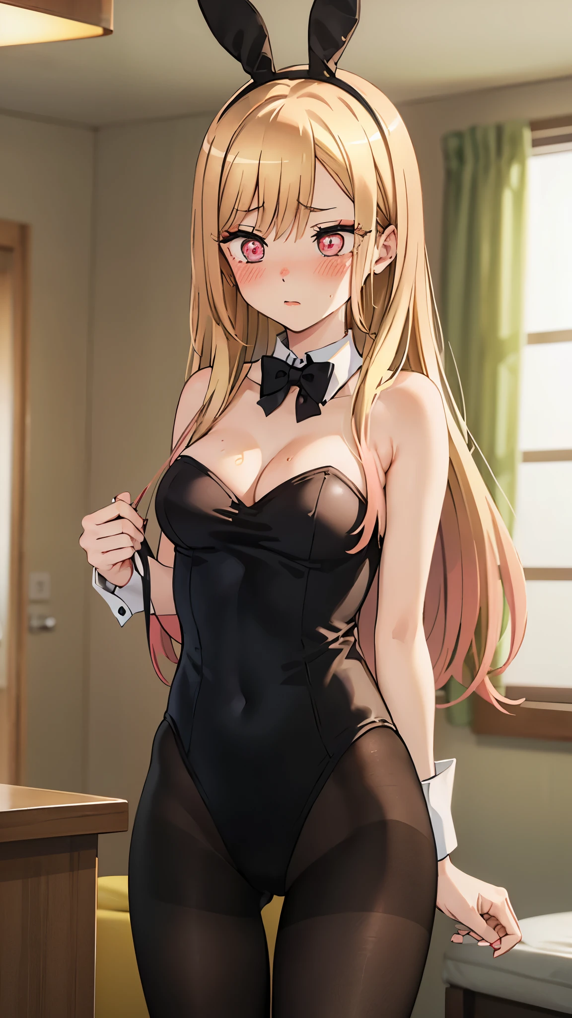 Marin Kitagawa ,(kitagawa marin blonde hair long hair red eyes ),medium breasts, Cleavage, (((blush))), playboy bunny, bare_shoulders, rabbit_tail black_pantyhose wrist_cuffs, slim legs, slim waist, indoors, night, hotel room, cowboy shot, masterpiece, realistic, highres, best quality, cinematic, dramatic lighting, (((detailed hair, face, eyes, pupils, clothes, skin))), face focus,