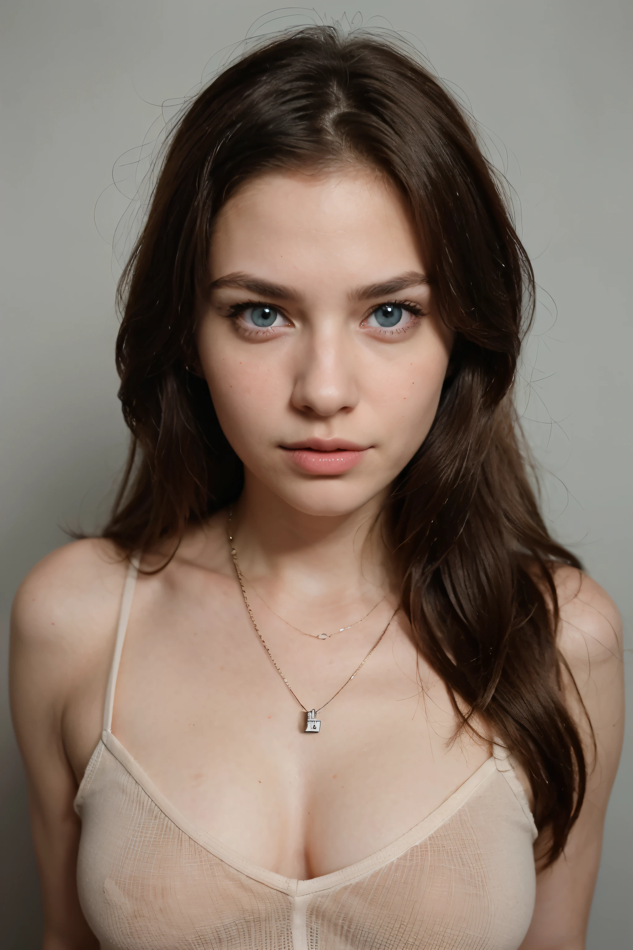 cabelo preto,pale white skin (Por favor, gere uma imagem de uma jovem vestindo uma camisa e um colar. Ela tem cabelo castanho, maior, eOlhos azuis, e um sutil, Maquiagem natural. The photo should show that she has no obvious makeup, She should look directly at the camera. O rosto deve parecer real e natural. Fotos de corpo inteiro desta mulher atraente devem apresentar poses atraentes, Ela tem olhos azuis penetrantes. A tem um temperamento doce, And the posture must also be sweet. Por favor, certifique-se de que a mulher'The entire body is visible in the image. O fundo deve ser claro、Limpeza. Os detalhes da imagem devem ser de alta qualidade(Best quality at best)), ((obra-prima)), (Detailed pubic hair), it's the perfect face