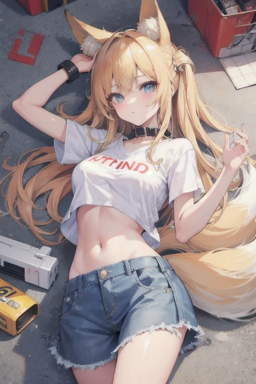 high quality, masterpiece, Ultra Detailed, 1 girl,handcuffs，collar，Fox ears, Girl in white OK and tight denim skirt posing for photo, whole body, Wear with a cropped T-shirt, OK, slim, Smaller bust, slim的女孩模特, 24-year-old female model, Lying on a construction site, 