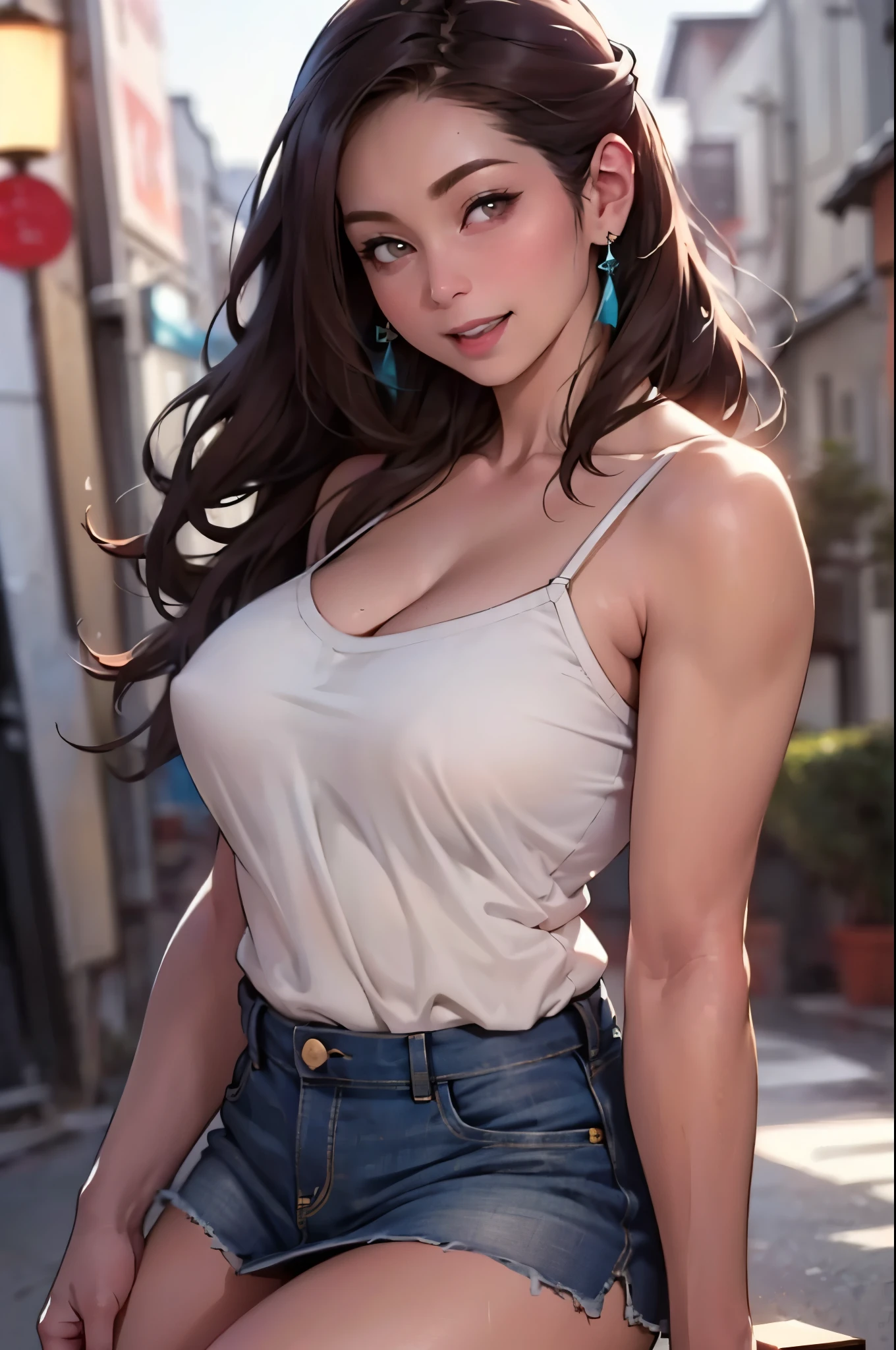 (RAW photo), (Realistic), (photo-realistic), ultra high resolution, masterpiece, highest quality, portrait, facial portrait, perfect lighting, detailed lighting, dramatic shadow, ray tracing, 1 Japanese beautiful mature lady, 40 years old, Voluptuous, cleavage, plump body type, symmetrical eyes, beautiful detailed brown eyes, chubby lips, red lips, Super high resolution perfect beautiful teeth, ((big tits:1.2)), big ass, big thick thighs, long wavy hair, black hair, earrings, half open mouth, smiling, looking at viewer, (Camisole:1.2), (denim mini skirt:1.2), revealing clothing, Japanese street,