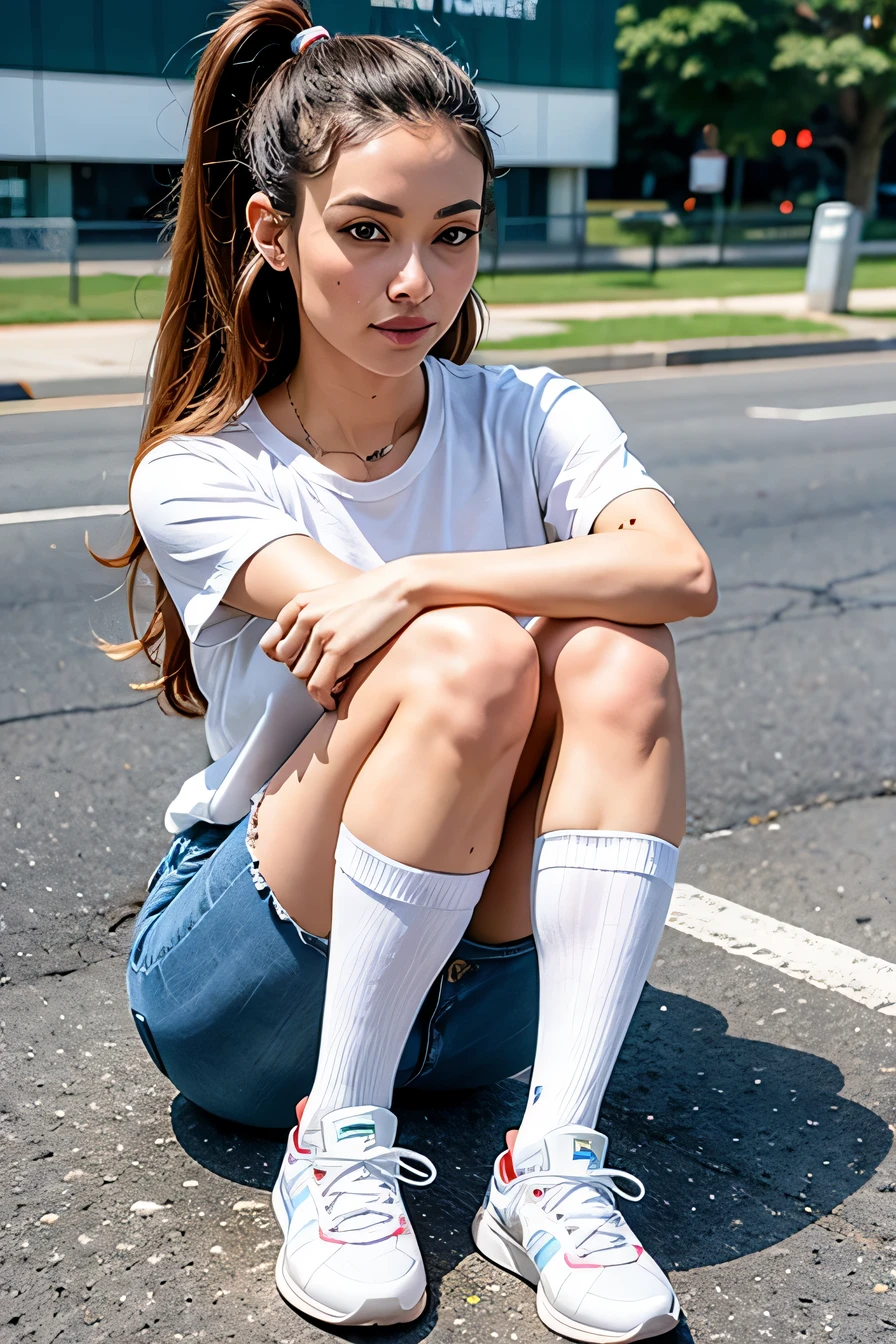 Woman in sneakers , feet, Skinny jeans、socks、close
