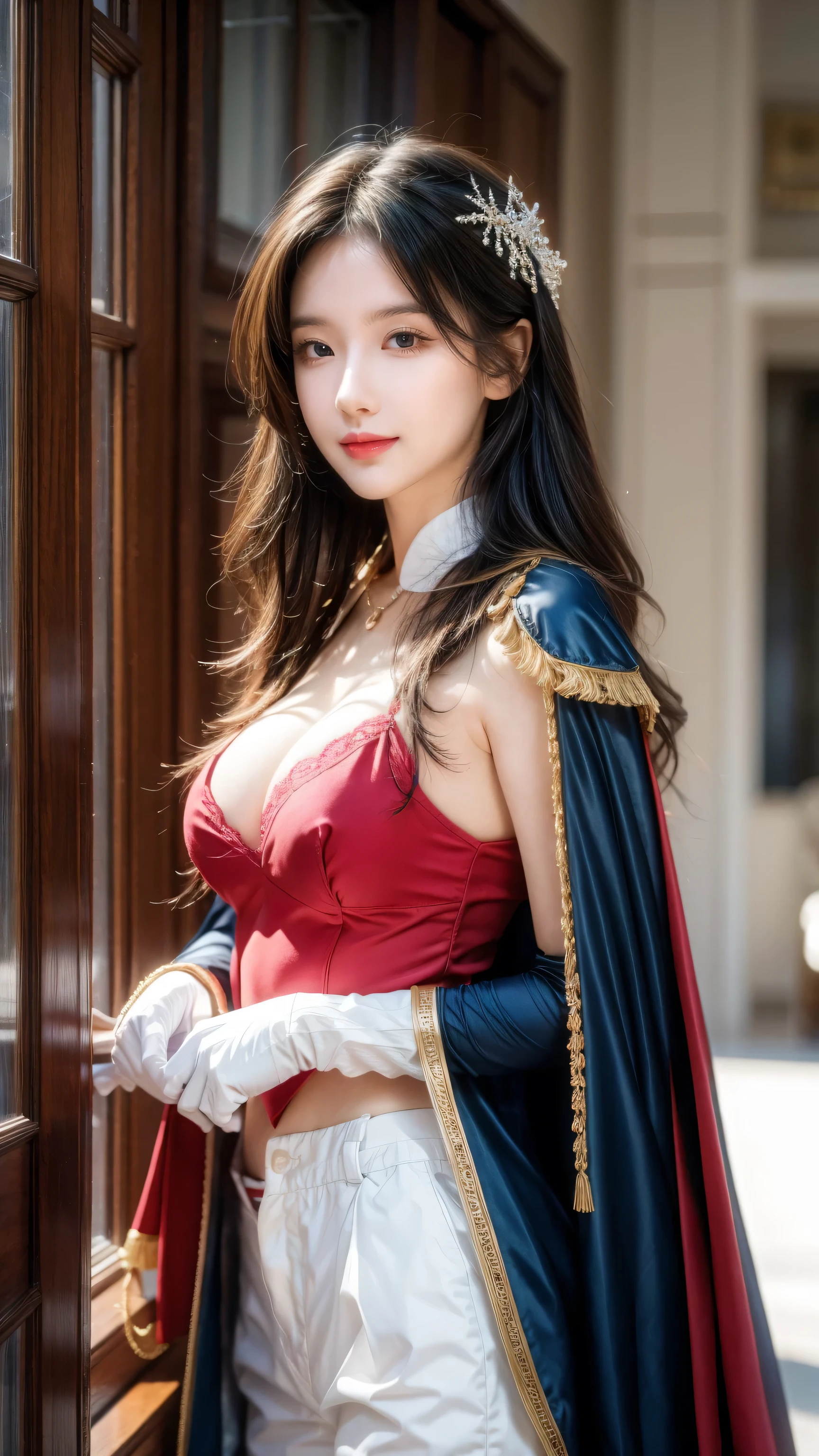 ,rich and colorful,(masterpiece:1,2), best quality, masterpiece, high resolution, The original, Extremely detailed wallpaper, 1 Girl ,Smile,Solitary, Gray hair, blue eyes, The original_clothing,Red cape,White pants, Gloves, breast, , large breast