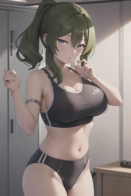 masterpiece, absurdres , (intricate details), (colorful),cinematic lighting,bust shot,extremely detailed CG unity 8k wallpaper , ubel, 1girl, solo,mature female, floating hair, hair between eyes, (green hair:1.3), bright pupils, (purple eyes:1.3).,, arm up, looking at viewer, sports bra, locker room,cowboy shot,