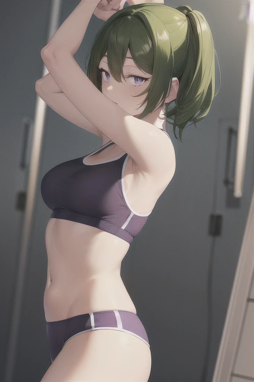 masterpiece, absurdres , (intricate details), (colorful),cinematic lighting,bust shot,extremely detailed CG unity 8k wallpaper , ubel, 1girl, solo,mature female, floating hair, hair between eyes, (green hair:1.3), bright pupils, (purple eyes:1.3).,, arm up, looking at viewer, sports bra, locker room,cowboy shot,