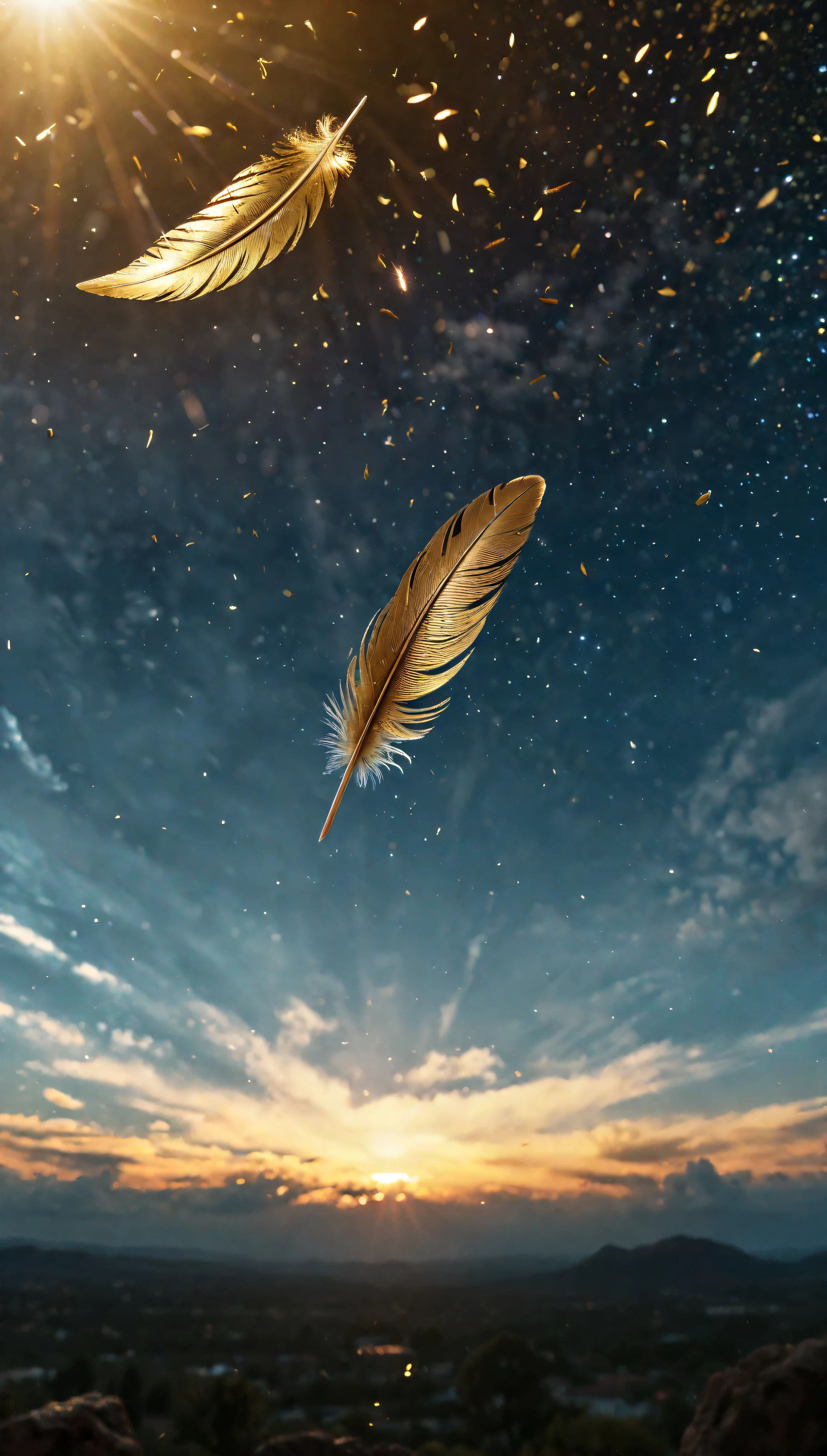 ((Masterpiece in maximum 16K resolution):1.6),((soft_color_photograpy:)1.5), ((Ultra-Detailed):1.4),((Movie-like still images and dynamic angles):1.3),((Wide cinematic lens):1.1). | ((Wide Cinematic shot of small golden feathers floating high in the sky):1.2), ((small golden feathers):1.1), ((floating feathers high in the sky):1.3), (wide cinematic lens), (tyndall effect), (a lot of feathers), (majestic sky), (magical atmosphere), (shimmer), (visual experience) ,(Realism), (Realistic),award-winning graphics, dark shot, film grain, extremely detailed, Digital Art, rtx, Unreal Engine, scene concept anti glare effect, All captured with sharp focus. | Rendered in ultra-high definition with UHD and retina quality, this masterpiece ensures anatomical correctness and textured skin with super detail. With a focus on high quality and accuracy, this award-winning portrayal captures every nuance in stunning 16k resolution, immersing viewers in its lifelike depiction. | ((perfect_composition, perfect_design, perfect_layout, perfect_detail, ultra_detailed)), ((enhance_all, fix_everything)), More Detail, Enhance.