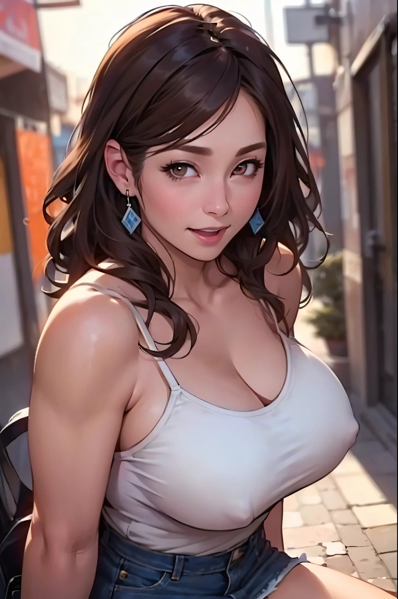 (RAW photo), (Realistic), (photo-realistic), ultra high resolution, masterpiece, highest quality, portrait, facial portrait, perfect lighting, detailed lighting, dramatic shadow, ray tracing, 1 Japanese beautiful mature lady, 40 years old, Voluptuous, cleavage, plump body type, symmetrical eyes, beautiful detailed brown eyes, chubby lips, red lips, Super high resolution perfect beautiful teeth, ((big tits:1.2)), big ass, big thick thighs, long wavy hair, black hair, earrings, half open mouth, smiling, looking at viewer, (Camisole:1.2), (denim mini skirt:1.2), revealing clothing, Japanese street,