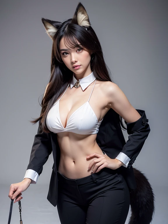 ((highest quality)), ((masterpiece)), (Get used to it), Perfect Face, Fox Girl, Beautiful woman, public, There is a tail, She has a fluffy tail, she has a fox tail, She wags her tail, Troubled face, Collar and leash, She wears a business suit, Beautiful Hips, Big tail, His tail is sticking out from his business suit