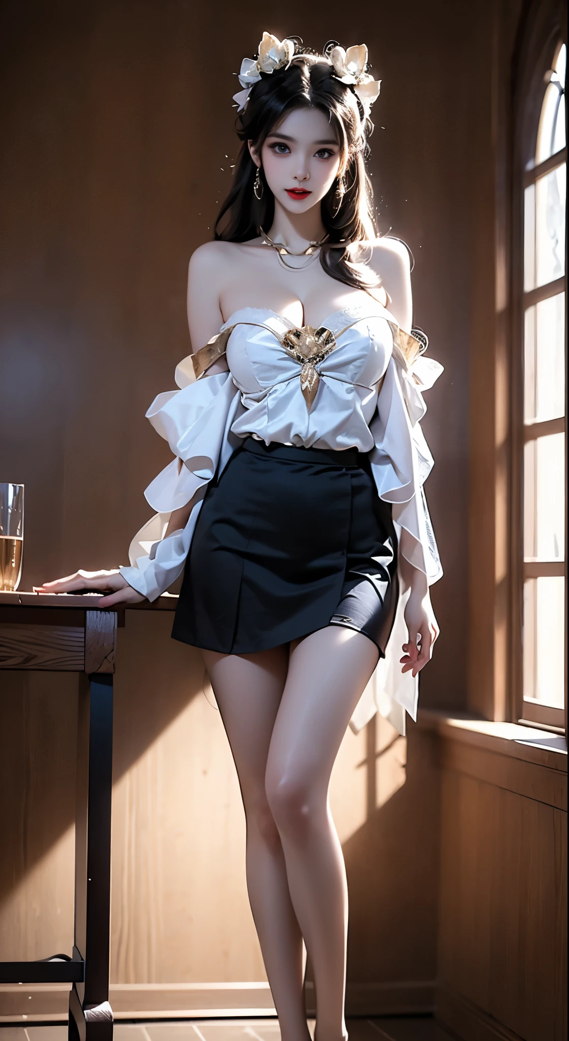 ((Bare shoulders)), ((Full breasts)), ((The skirt is short)), ((Sexy legs)), ((whole body)), Practical, Fashion girl, Red lips, Mature women, Exquisite makeup, big eyes, beautiful, (best quality, masterpiece:1.2), The right hand, The right hand指, Anatomically correct, Ultra Detailed, (Practical:1.37), ((Random scenes, Random shooting angles)), ((Sexy long legs)), Young and energetic, Charming model, (Delicateeyes, Delicate lips), Show a bright smile, Create stunning girl images, warm color, Very high color saturation, Official Art, Extremely detailed CG, Unity 8K Wallpaper, (High Dynamic Range :1.4), (Movie atmosphere),(Soft colors), (Natural skin texture, ultra-Practical, Soft Light, sharp),(Very detailed), night, moonlight