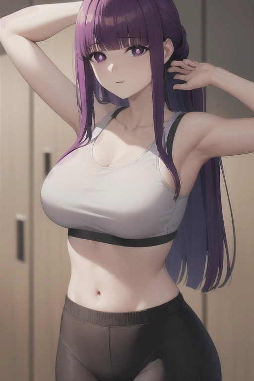 masterpiece, absurdres , (intricate details), (colorful),cinematic lighting,bust shot,extremely detailed CG unity 8k wallpaper , fern, 1girl, solo,mature female, long hair, bangs, (purple eyes:1.1), purple hair, sidelocks, blunt bangs, (bright pupils:1.5),, arm up, looking at viewer, sports bra, locker room,cowboy shot,