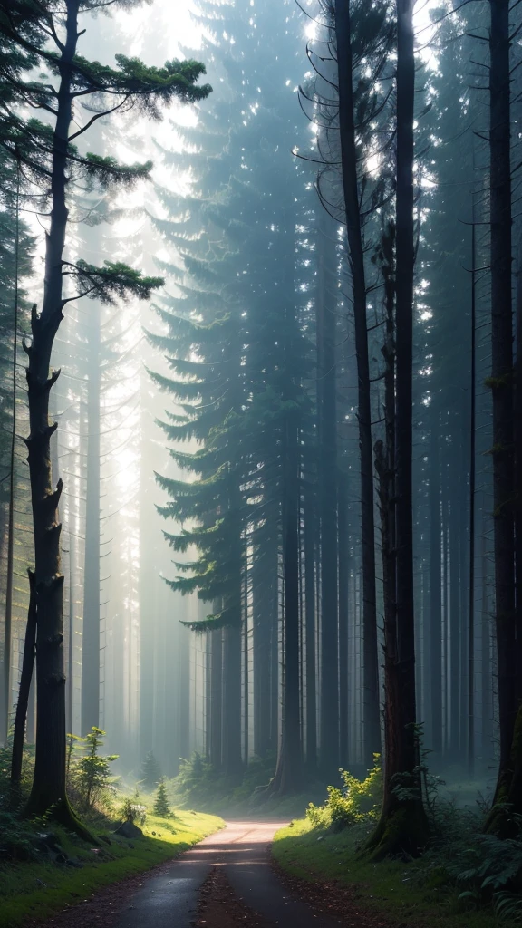 Create a single hyper realistic photo contain an outstanding scene of rays of lighting on a forest