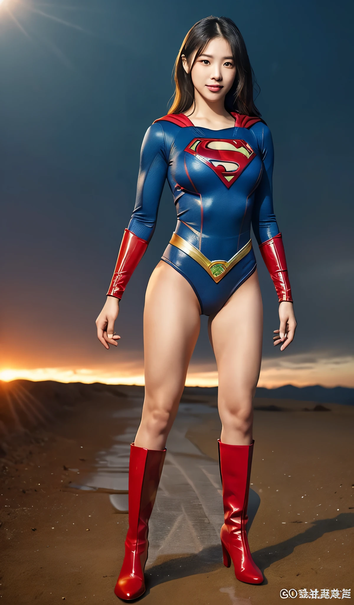 No background、(((Beautiful legs in black tights.)))、(((Legally express the beauty of your smile)))、((((Make the most of your original images)))、(((Supergirl Costume)))、(((Beautiful Hair)))、(((suffering)))、(((Please wear black tights....、Wear red boots)))、((Best image quality、8K))、((highest quality、8K、masterpiece:1.3))、(((Preserve background )))、Sharp focus:1.2、Beautiful woman with perfect figure:1.4、Thin abdominal muscles:1.2、Wet body:1.5、Highly detailed face and skin texture、8K
