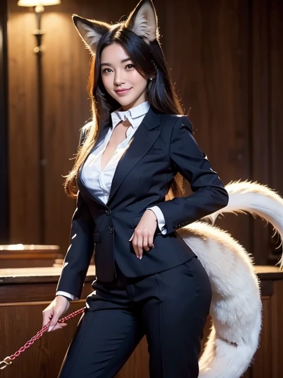 ((highest quality)), ((masterpiece)), (Get used to it), Perfect Face, Fox Girl, Beautiful woman, public, There is a tail, She has a fluffy tail, she has a fox tail, She wags her tail, smile, Collar and leash, She wears a business suit, Beautiful Hips, Big tail, His tail is sticking out from his business suit