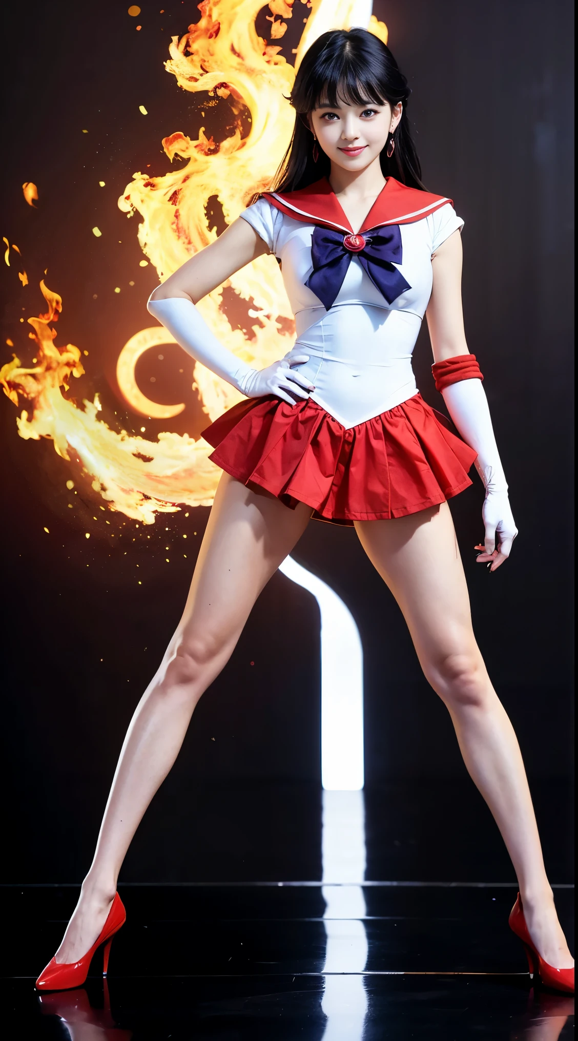1 girl,long hair, (high quality,8K,black hair, realistic, high quality,masterpiece,Super detailed, disorganized)1.5,((Summer 1, tiara, Sailor Senshi Uniform, white gloves, Red sailor collar, red skirt)),City of night,white gloves,purple ribbon,purple eye, (magical world,fire),high heels, (full body photo, standing:1.5), huge breasts， Standing，Long legs，Smile，Solid color background，Charming pose