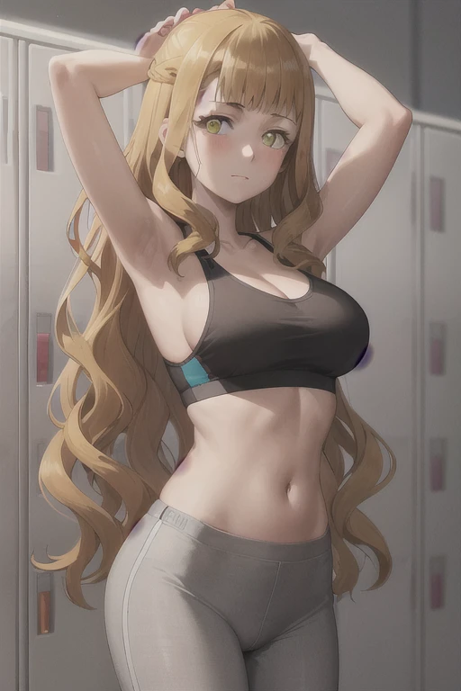 masterpiece, absurdres , (intricate details), (colorful),cinematic lighting,bust shot,extremely detailed CG unity 8k wallpaper ,mimosa, 1girl, solo,mature female, green eyes, orange hair, long hair,wavy hair, Bangs Alone,,  arm up, looking at viewer, sports bra, locker room,cowboy shot, 