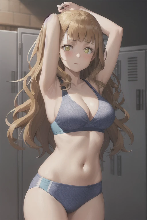 masterpiece, absurdres , (intricate details), (colorful),cinematic lighting,bust shot,extremely detailed CG unity 8k wallpaper ,mimosa, 1girl, solo,mature female, green eyes, orange hair, long hair,wavy hair, Bangs Alone,,  arm up, looking at viewer, sports bra, locker room,cowboy shot, 