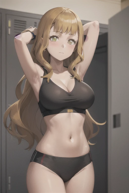 masterpiece, absurdres , (intricate details), (colorful),cinematic lighting,bust shot,extremely detailed CG unity 8k wallpaper ,mimosa, 1girl, solo,mature female, green eyes, orange hair, long hair,wavy hair, Bangs Alone,,  arm up, looking at viewer, sports bra, locker room,cowboy shot, 