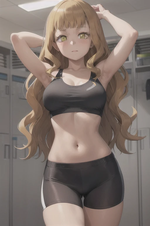 masterpiece, absurdres , (intricate details), (colorful),cinematic lighting,bust shot,extremely detailed CG unity 8k wallpaper ,mimosa, 1girl, solo,mature female, green eyes, orange hair, long hair,wavy hair, Bangs Alone,,  arm up, looking at viewer, sports bra, locker room,cowboy shot, 