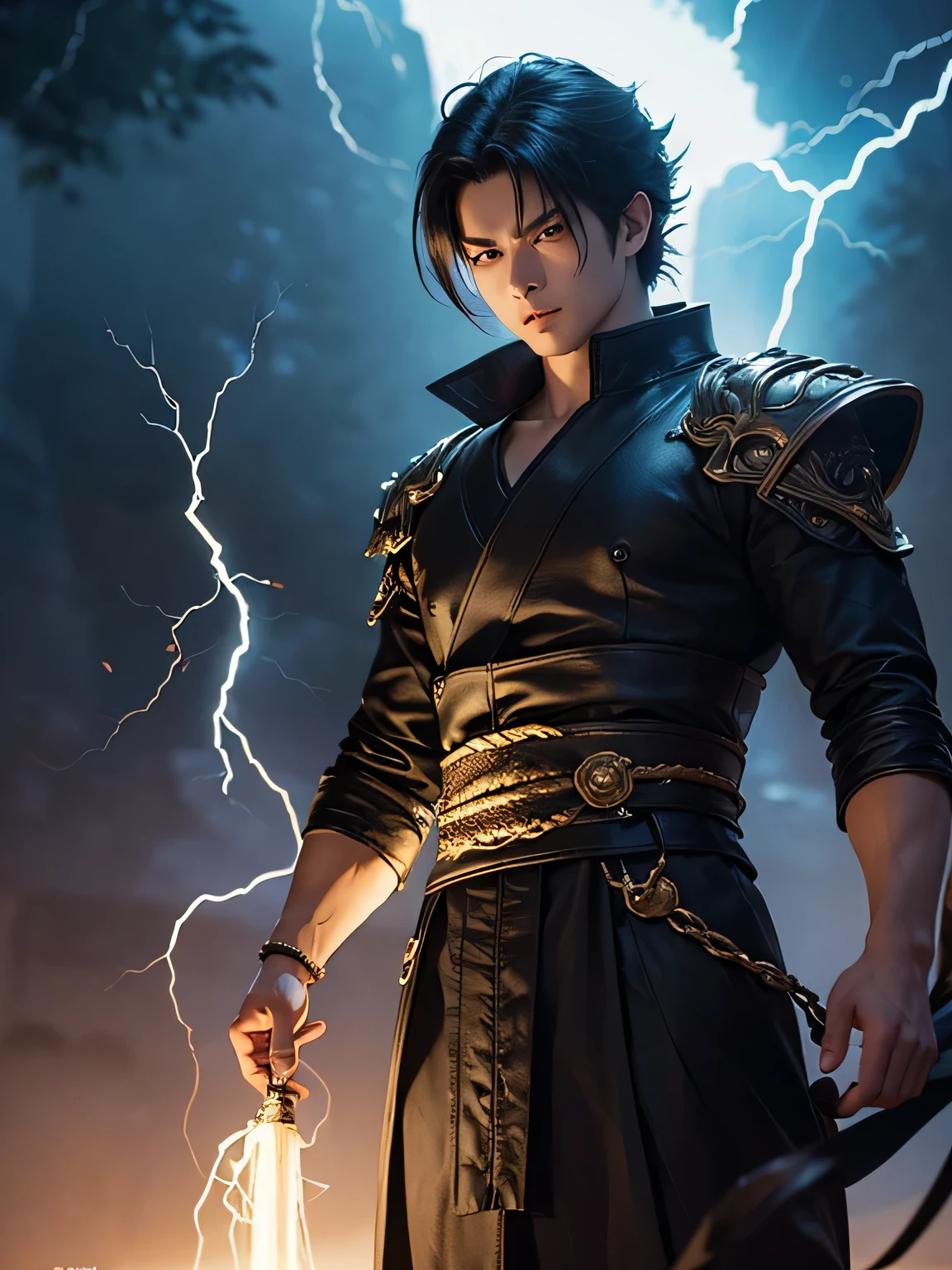 An 8k masterpiece, highest resolution, every detail, meticulous detail, depth of field, bright colors, lightning around,beautiful composition: anime character Gohan impresses with his black hair and glowing eyes Beautifully detailed lighting, standing against a dark and ominous background.This handsome demon slayer is the epitome of bad guys in the fantasy art. wearing a shirt.