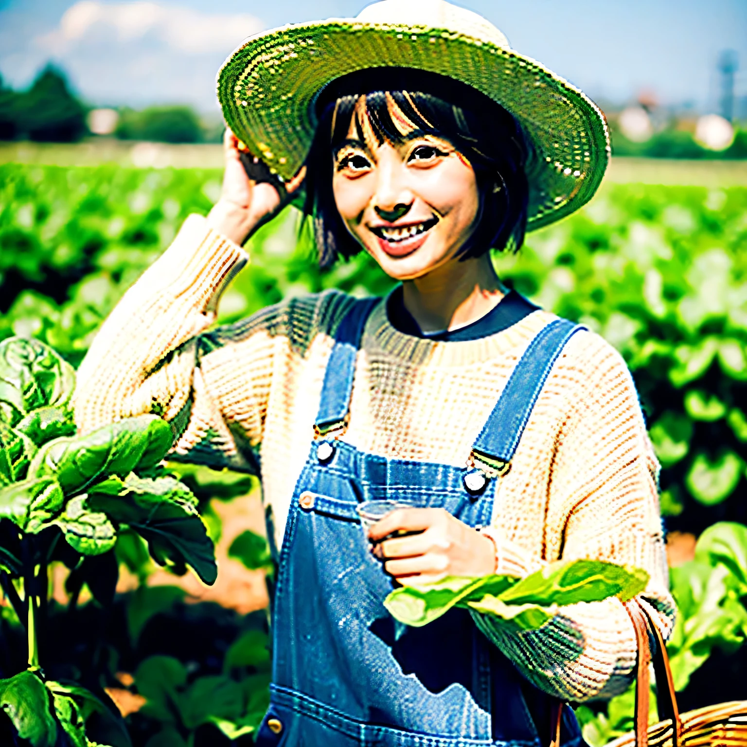 There is a Japanese 30 year old woman with short hair, outdoors with a slight smile, wearing a light straw hat, a light beige sweater, and blue overalls. Her body type is slightly fuller. She is holding a large basket filled with a variety of leafy greens, making sure the vegetables are clearly visible. The scene is set in a vibrant farm with rows of crops, bright green foliage, and tilled soil, under an overcast sky. The aspect ratio is 4:3.