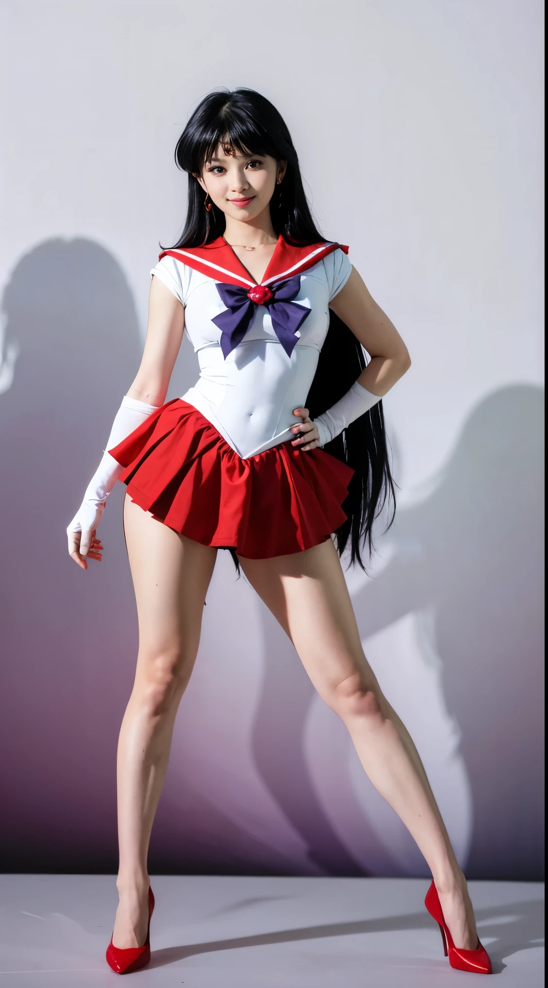 1 girl,long hair, (high quality,8K,black hair, realistic, high quality,masterpiece,Super detailed, disorganized)1.5,((Summer 1, tiara, Sailor Senshi Uniform, white gloves, Red sailor collar, red skirt)),City of night,white gloves,purple ribbon,purple eye, (magical world,fire),high heels, (full body photo, standing:1.5), huge breasts， Standing，Long legs，Smile，Solid color background，Charming pose