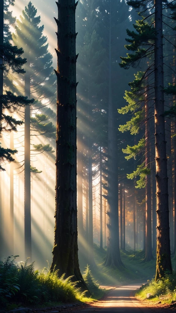 Create a single hyper realistic photo contain an outstanding scene of rays of lighting on a forest, 32K high resolution wallpaper,