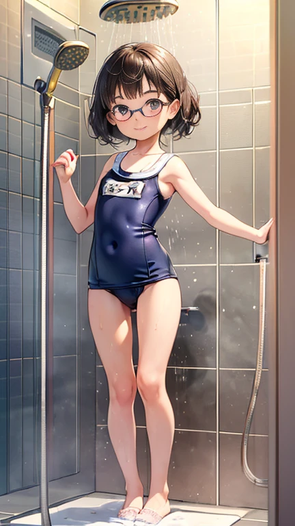 ((masterpiece)),((highest quality)),((Anatomical)),((Realistic)),((Detailed Description)),((cute)),((((shower room)))),(((1 ))),((Beautiful eyes)),((Baby Face)),((((Bewitching Smile)),(((School Swimsuit))),(((Glasses))),Full body view,Gymnastics Mat,