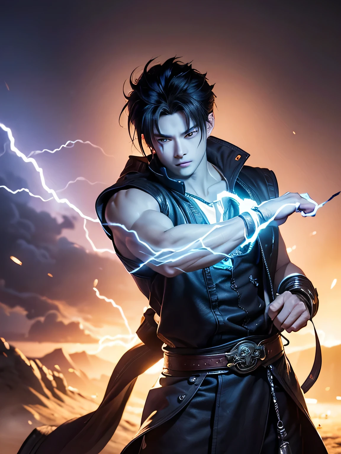 An 8k masterpiece, highest resolution, every detail, meticulous detail, depth of field, bright colors, lightning around,beautiful composition: anime character Gohan impresses with his black hair and glowing eyes Beautifully detailed lighting, standing against a dark and ominous background.This handsome demon slayer is the epitome of bad guys in the fantasy art. wearing a shirt.
