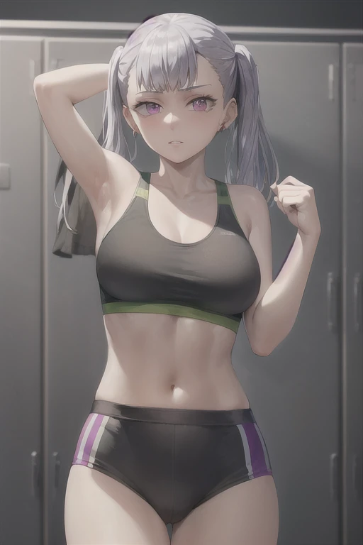 masterpiece, absurdres , (intricate details), (colorful),cinematic lighting,bust shot,extremely detailed CG unity 8k wallpaper ,noelle, 1girl, solo,mature female, ong hair ,twintails, bangs, earring,jewelry, silver hair,purple eyes,, arm up, looking at viewer, sports bra, locker room,cowboy shot,