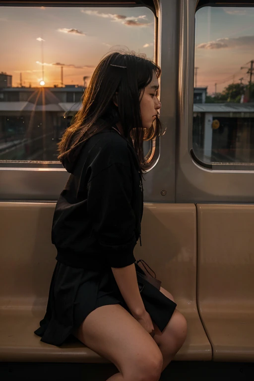 setting sun，There was a girl sitting in the seat of the train，One leg rests on the seat，Dressed in black，a skirt，The girl looked at the setting sun，Tears flowed from the girl's eyes，Only the side face of the girl can be seen