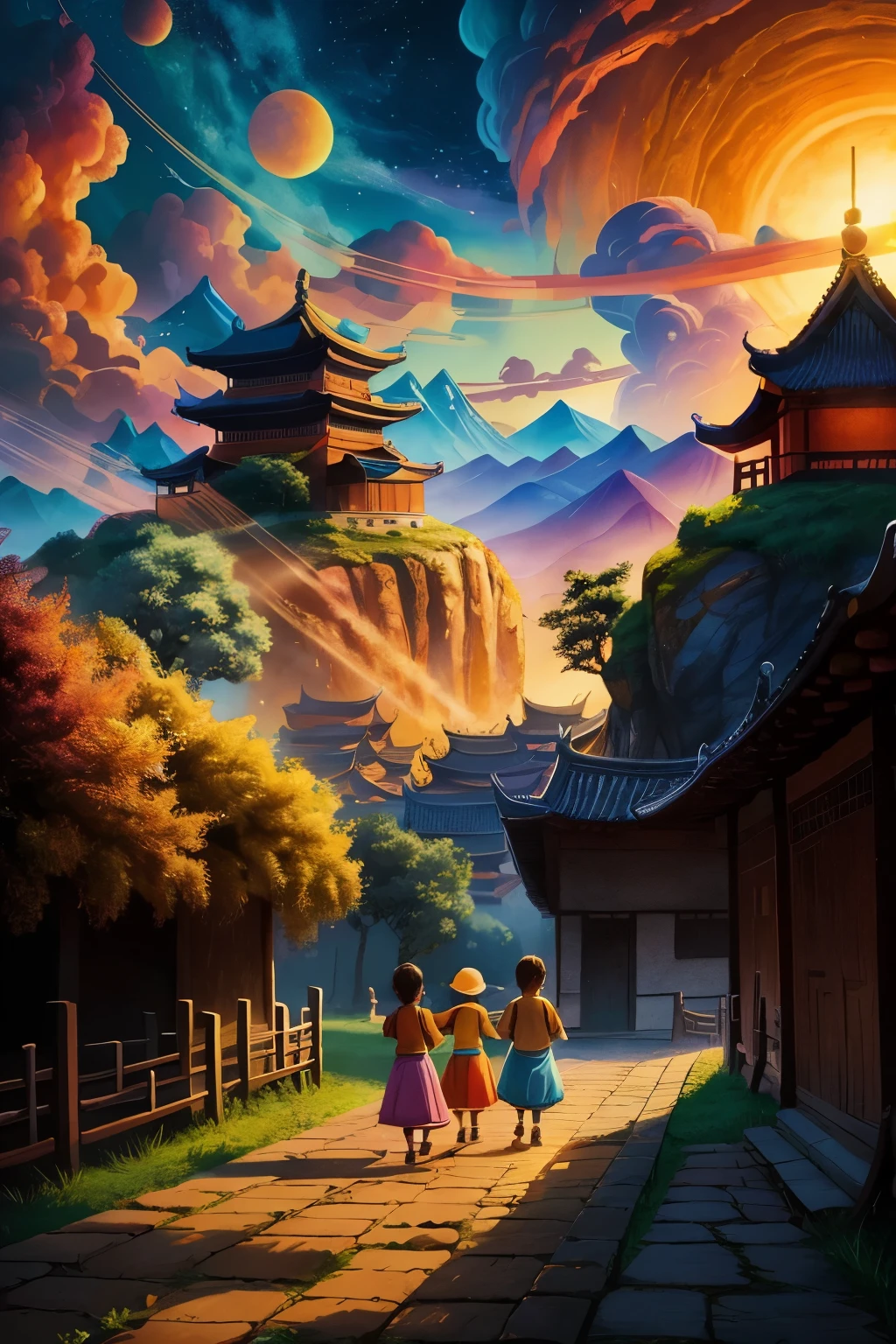 There are ten golden suns illumining the surreal sky in this masterpiece, each radiating intense heat and adding a golden hue to the ultra-detailed, realistic landscape. The scene takes place in a Chinese ancient village, where the bright colors of the houses and clean background contrast beautifully with the sweat-drenched people and children playing. In the foreground, children with illustrated book in hand are depicted in a Pixar style, adding a touch of whimsy and magic to the otherwise realistic scene. The Ultra HD, 32K image with a 16:9 aspect ratio captures every intricate detail, making it a true masterpiece.